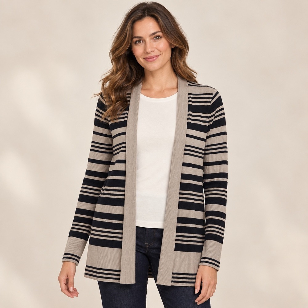 Dana Buchman Cardigan Size L Tan Black Striped Open Front Classic Layering